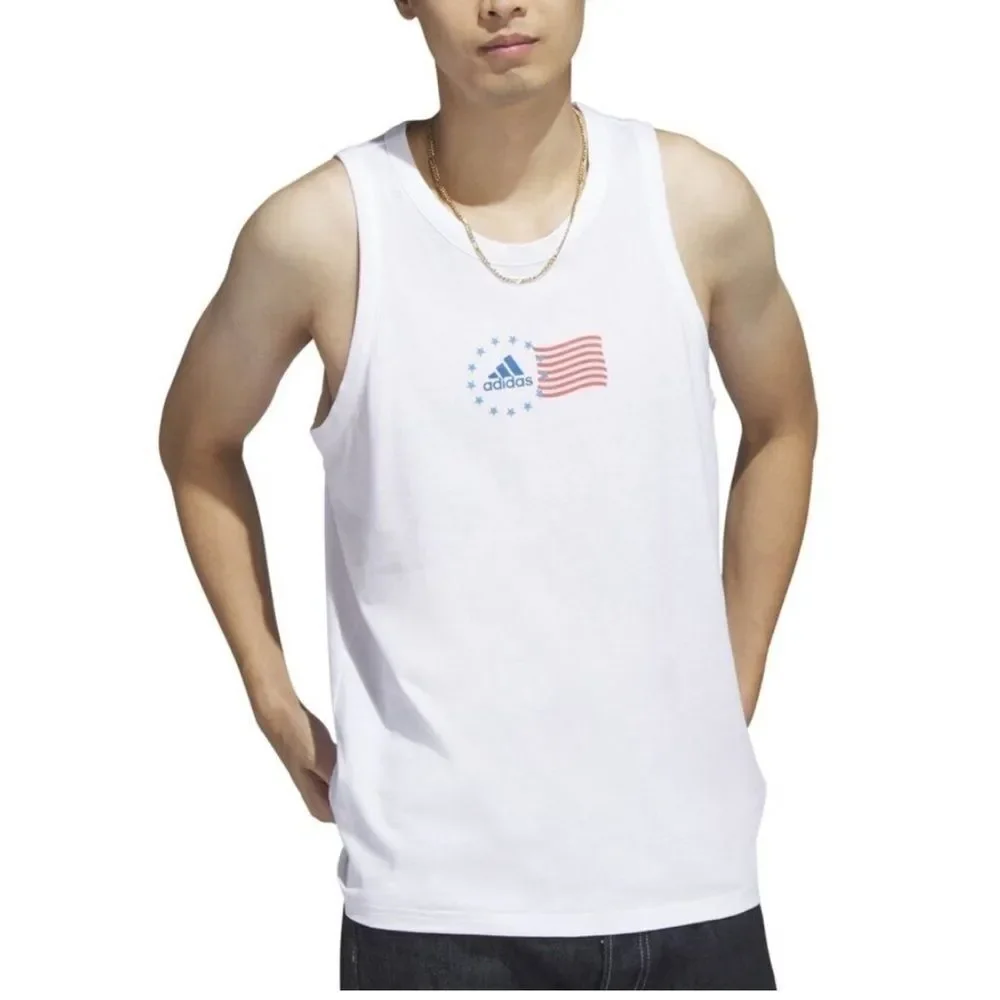 Adidas Men Sleeveless Tank Top Shirt American Flag Graphic White